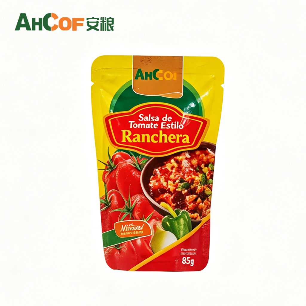 Sobre de salsa de tomate estilo ranchera de 85 g para cocinar y para servicios de alimentación.
